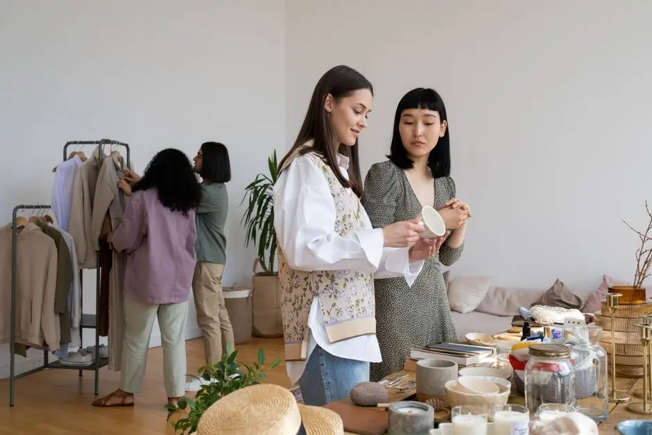 Sekelompok perempuan muda sedang memadukan pakaian di acara swap and style komunitas